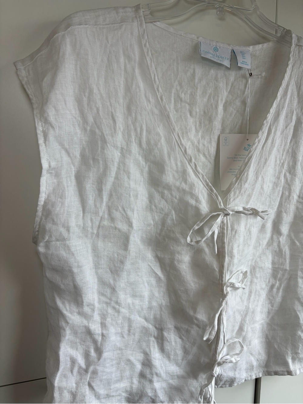 NWT Cynthia Rowley 100% Linen White Tie-Front Short Sleeve Top Large - Picture 2 of 10